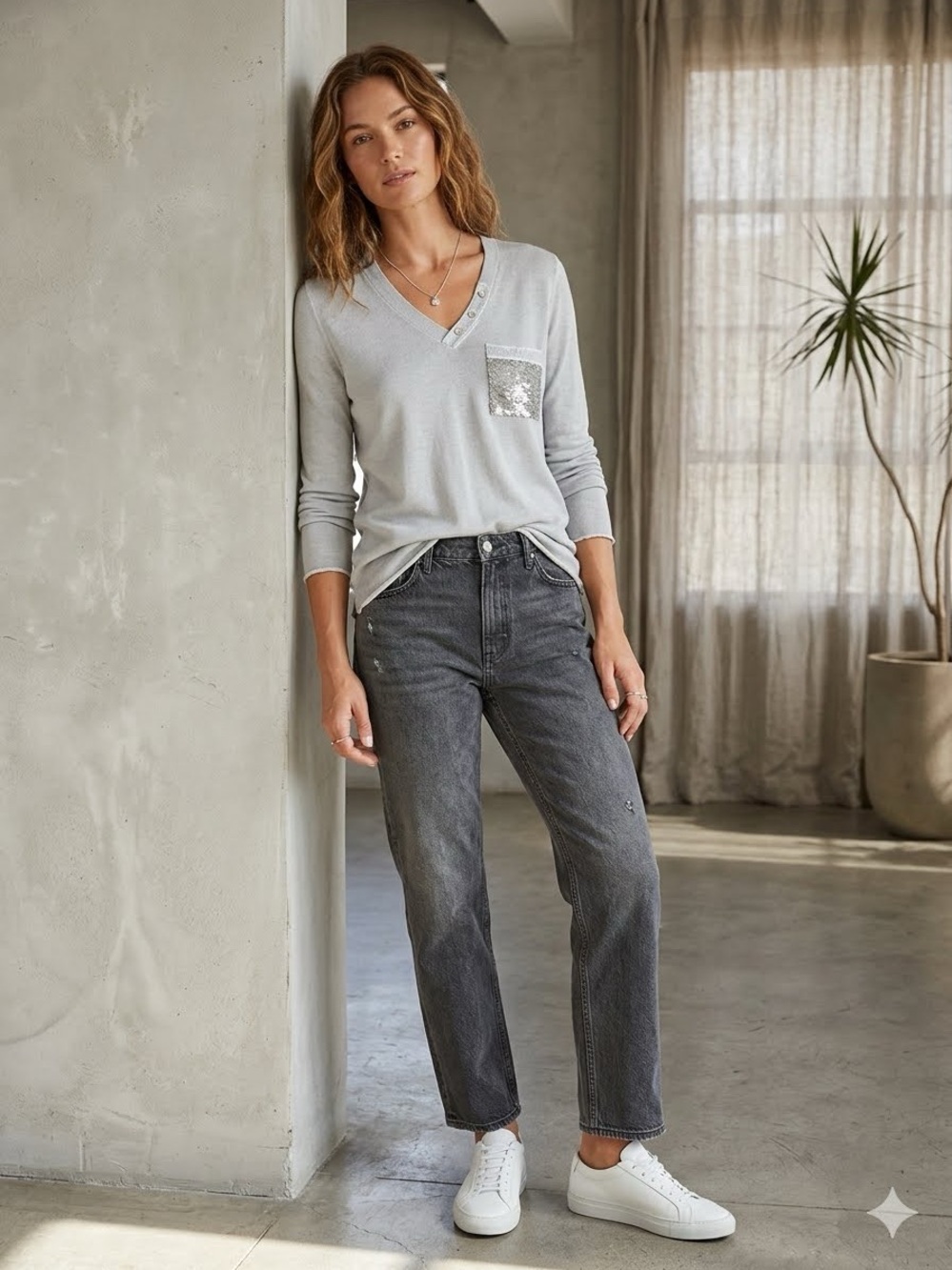Tempo Paris Grey Layered sweater with Sequin Accent Pocket SM